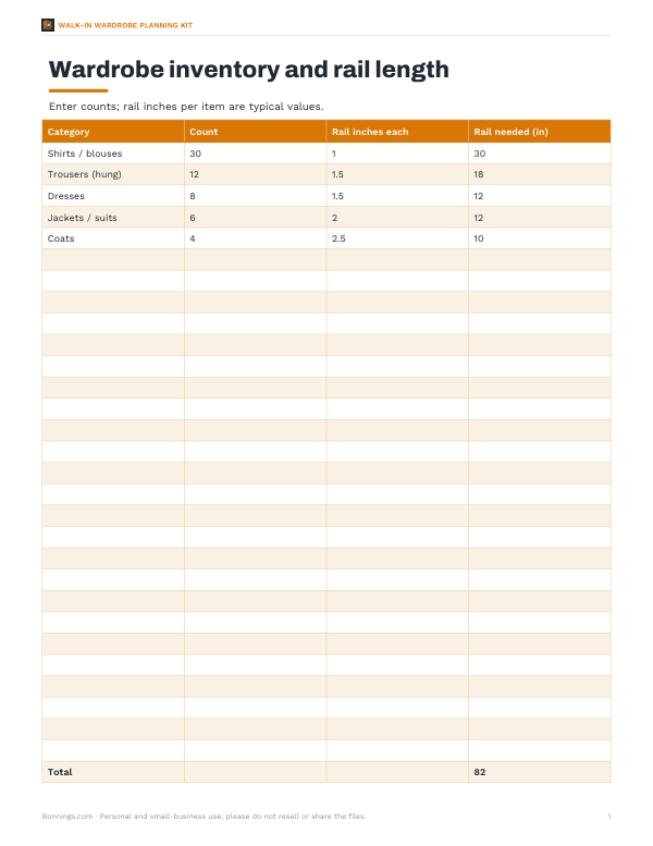 Preview of Printable Wardrobe Inventory Sheet